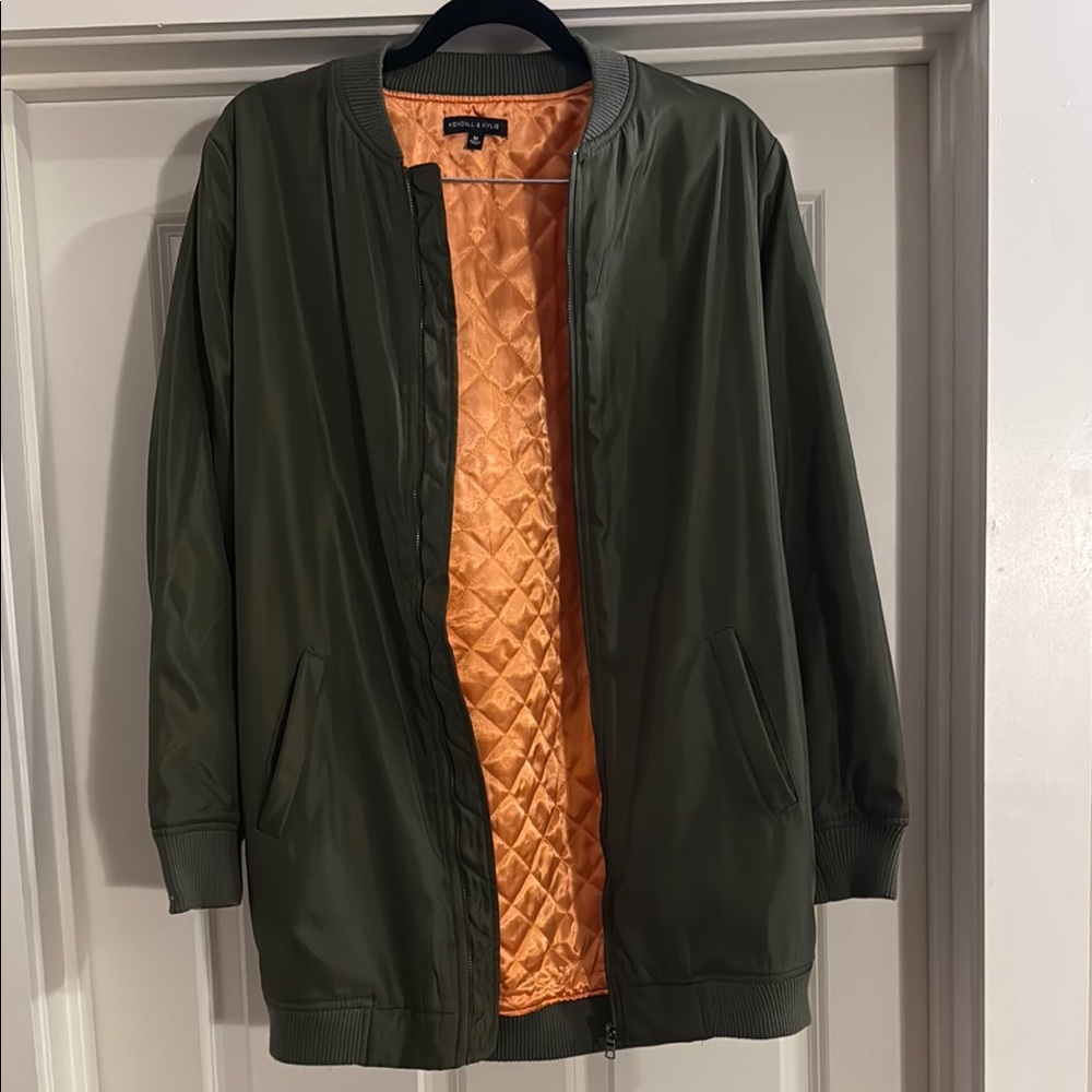 Kendall & Kylie Olive Green Satin Bomber Jacket w/ Orange Lining